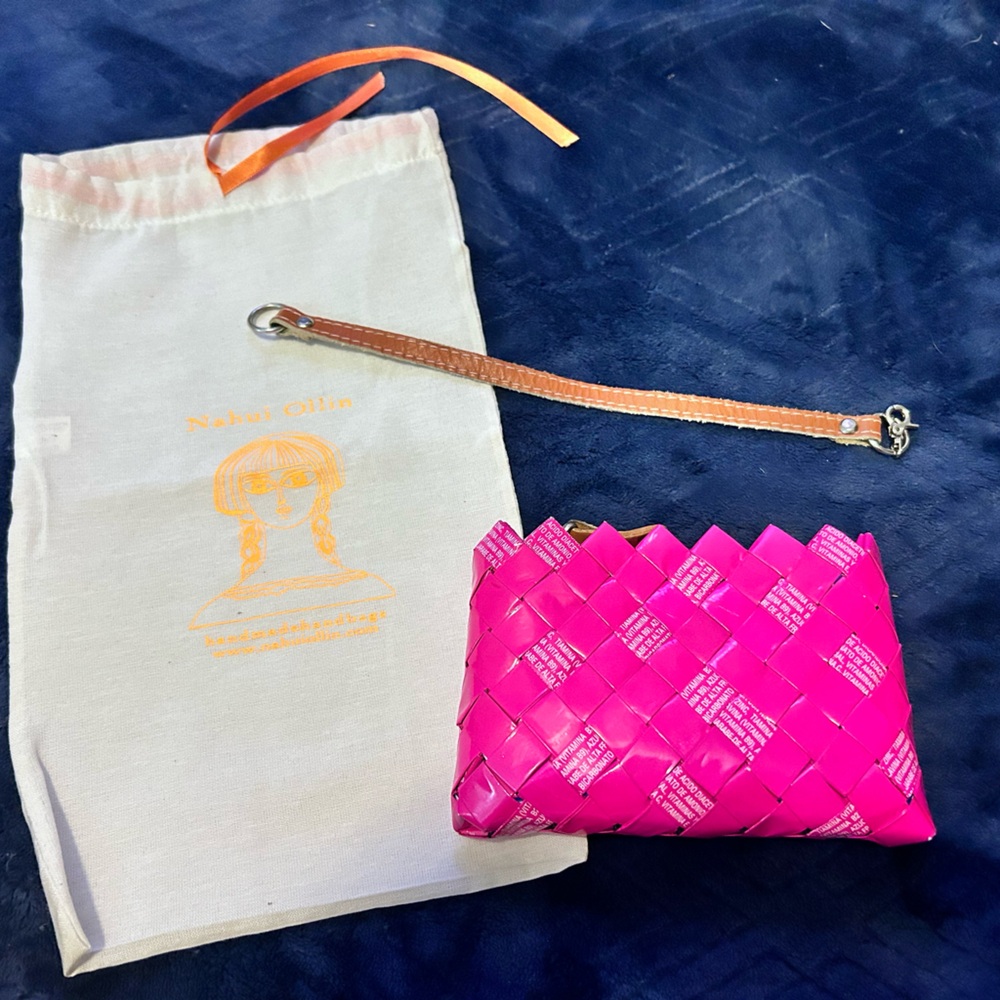 Nahui Ollin Hot Pink Wristlet Clutch Recycled Paper with Dust Bag and Strap